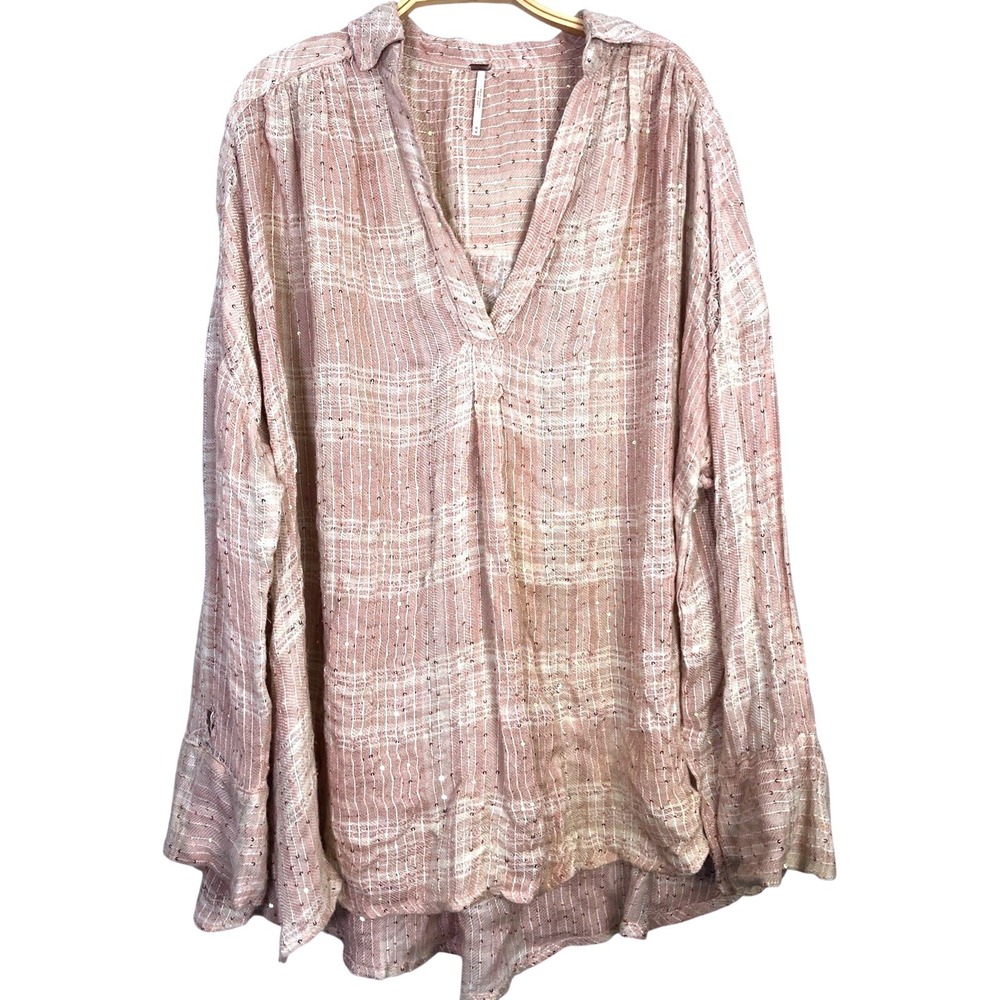 Free People V Neck Popover Tunic Sz M Pink Plaid Gauze Drape Relaxed Boho Shabby